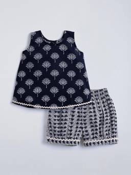 Hopscotch - Blue Cotton Floral Top with Shorts