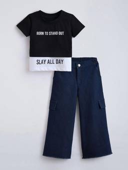 Hopscotch - Typography Textured T-Shirt with Cami & Pant