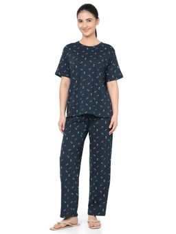 Smarty Pants - Women Navy Blue Conversational Printed Cotton T-Shirt And Pyjama