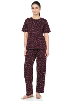 Smarty Pants - Women Maroon Printed Cotton T-Shirt And Pyjama