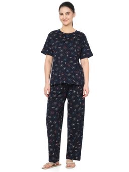 Smarty Pants - Women Navy Blue Star Printed Cotton T-Shirt And Pyjama
