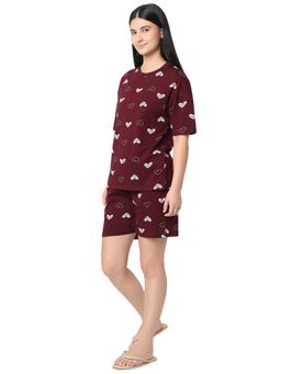 Smarty Pants - Women Maroon Heart Print Cotton T-Shirt And Shorts