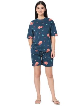 Smarty Pants - Women Navy Blue Jellyfish Print Cotton T-Shirt And Shorts