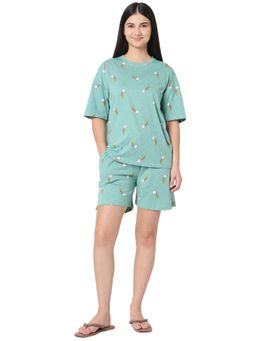 Smarty Pants - Women Mint Green Shooting Star Print Cotton T-Shirt And Shorts
