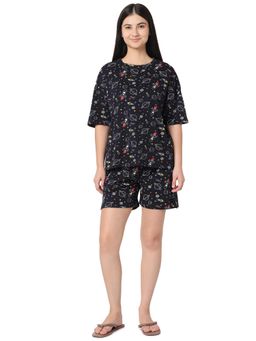 Smarty Pants - Women Navy Blue Space Rocket Print Cotton T-Shirt And Shorts