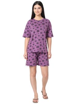 Smarty Pants - Women Purple Polka Dot Print Cotton T-Shirt And Shorts