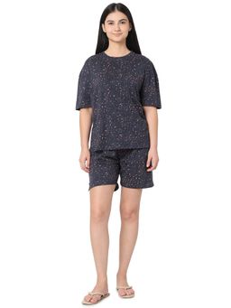 Smarty Pants - Women Navy Blue Print Cotton T-Shirt And Shorts