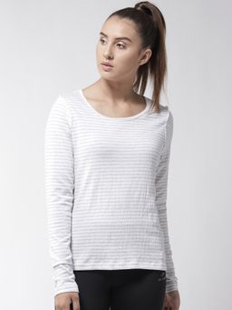 Alcis - Women White Grey Slim Fit Striped Round Neck Yoga T-Shirt