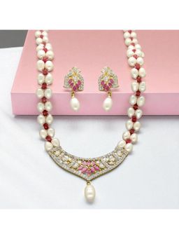 Sri Jagdamba Pearls - Pink Belinha Pearl and Stone Studded Jewellery Set