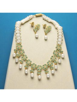 Sri Jagdamba Pearls - Green Alpona Grace Floral Pearl and Stone Jewellery Set