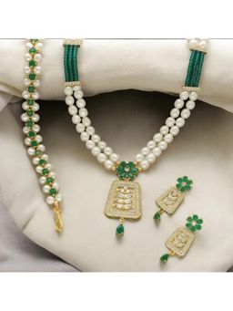 Sri Jagdamba Pearls - Green Ornate Veil Pearl and Stone Studded Jewellery Set