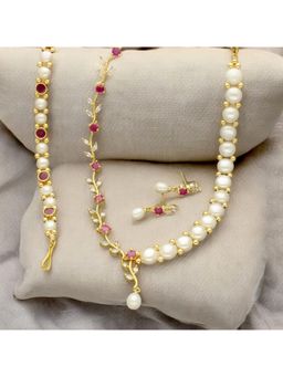Sri Jagdamba Pearls - Pink Royal Glint Pearl and Stone Jewellery Set