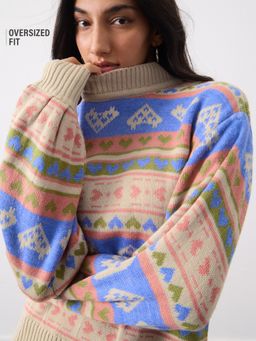 The Souled Store - Beige Woven Oversized Fit Sweater