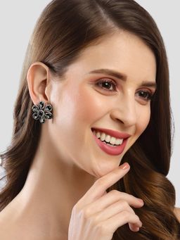 Karatcart - Silver Plated Green Cubic Zirconia Studded Floral Shape Stud Earrings