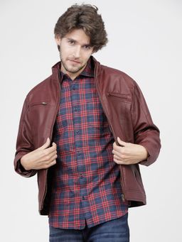 HIGHLANDER - Men Burgundy Solid Leather Jacket