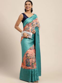 Silk Land - Kalamkari Digital Printed Saree with Unstiched Blouse Piece Peach with Unstitched