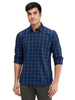Parx - Slim Fit Checkered Dark Blue Casual Shirt