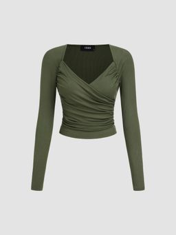 Cider - Green Sweetheart Neck Solid Long Sleeve Top