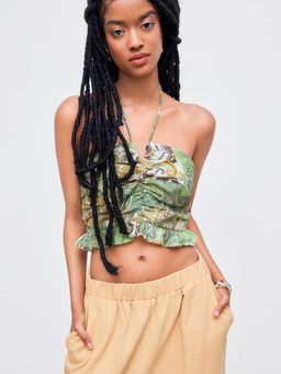 Cider - Green Woven Halter Paisley Ruched Lettuce Trim Crop Top