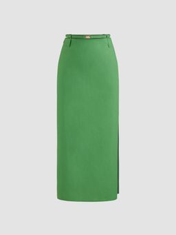 Cider - Green Linen Blend Mid Rise Solid Belted Split Maxi Skirt