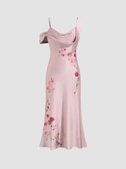 Cider - Pink Satin Asymmetrical Neck Floral Midi Dress