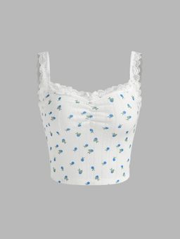 Cider - Square Neck Floral Lace Trim Crop Top