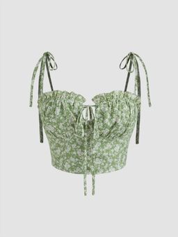Cider - Green Bowknot Floral Shirred Cami Crop Top