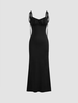 Cider - Black Solid Ruched Knotted Maxi Dress