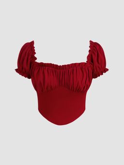 Cider - Red Solid Ruched Lettuce Trim Puff Sleeve Crop Top