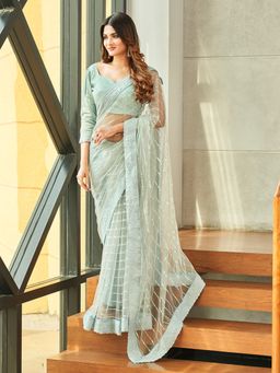 Tikhi Imli - Powder Blue Colored Sequin Embroidered Net Saree with Unstitched Blouse