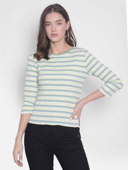 CRIMSOUNE CLUB - Women's Green Striped Round Neck T-shirt