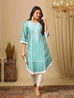 Globus - Green Embroidered Round Neck Lace Detail Apple Cut Hem A-Line Calf Length Fusion Kurta