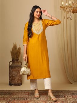 Globus - Yellow Zari Embroidered Yoke Round Neck Straight Calf Length Ethnic Kurta
