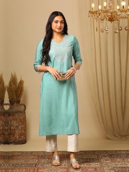 Globus - Blue V-Neck Zari Embroidered Yoke Design Straight Calf Length Ethnic Kurta