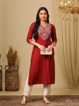 Globus - Red V-Neck Zari Embroidered Yoke Design Straight Calf Length Ethnic Kurta