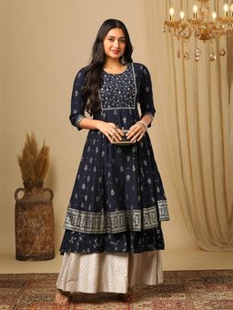 Globus - Blue Ethnic Motif Embroidered Sequinned Yoke Foil Jaal Print Layered Anarkali Kurta