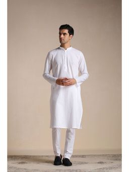 Manyavar - White Cotton All Over Self Design Kurta with Pencil Pajama (Set of 2)