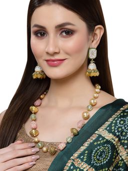 Dugran By Dugristyle - Yellow and Green Jhumkas Earring with Kundan and American Diamonds