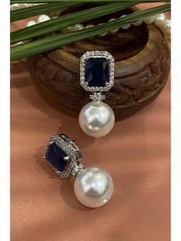 SWABHIMANN - Alicia Pearl Drop Sapphire Silver Plated Zirconia Stud Earrings