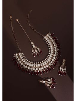 SWABHIMANN - Lopa Red Rose Gold Polki Necklace Set with Maang Tikka