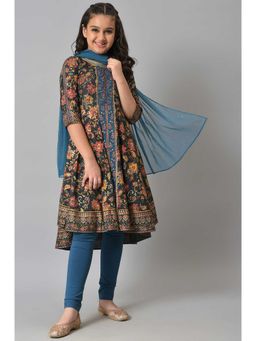 Aurelia - Liva Grey High-low Kurta With Blue Tights And Dupatta Set (Set of 3)
