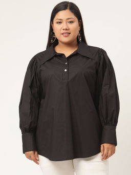 theRebelinme - Plus Size Womens Black Solid Color Shirt Style Top