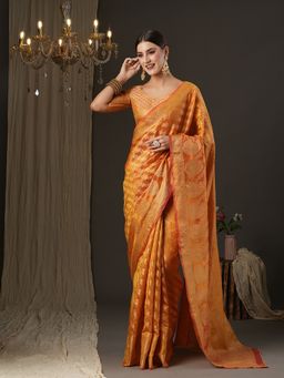 Akhilam - Womens Silk Blend Orange Woven Design Designer Saree with Unstitched Blouse