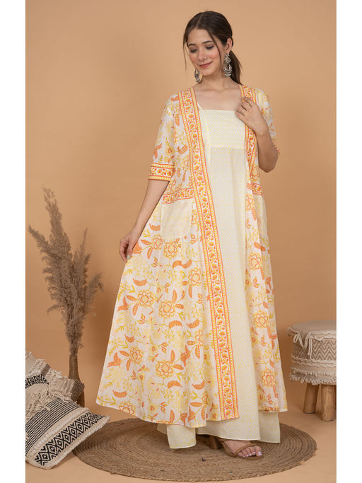 Buy LIROSE Bohemian Orange White Cotton Shrug Style A-Line Maxi Dress Online