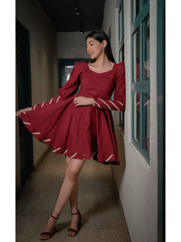 LIROSE - Pure Cotton Maroon Solid Short Mini Dress