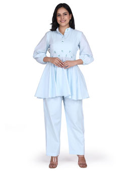 LIROSE - Pure Cotton Blue Embroidered Top & Pants Co-Ord (Set of 2)