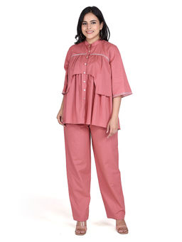 LIROSE - Pure Cotton Pink Embroidered Shirt & Pants Co-Ord (Set of 2)