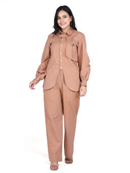 LIROSE - Pure Cotton Brown Embroidered Shirt & Pants Co-Ord (Set of 2)