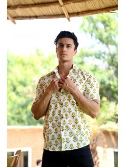 Hatheli - White & Green Floral Hand Block Shirt