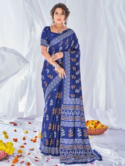Akhilam - Women Dola Silk Navy Blue Printed Designer Saree with Unstitched Blouse